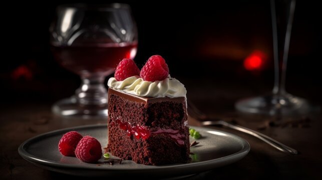 Elegant Red Wine Chocolate Cake with Raspberry Compote and Whipped Cream. Generative AI.