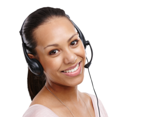 Call center, portrait or friendly woman in headphones for CRM isolated on transparent png background. Contact us, face of consultant or happy virtual assistant sales person with mic or smile to help