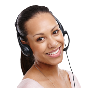 Call center, portrait or friendly woman in headphones for CRM isolated on transparent png background. Contact us, face of consultant or happy virtual assistant sales person with mic or smile to help
