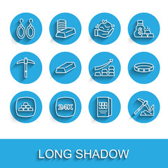 Set line Gold bars, 24k, Earrings, mining, and Growth arrow with gold icon. Vector