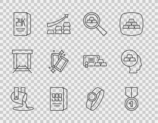 Set line Molten gold being poured, Gold medal, bars, 24k, ring and icon. Vector