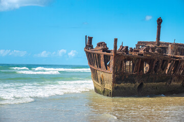 Naklejka premium SS Maheno ship wreck, Fraser Island (K'gari), Wide Bay–Burnett region, Queensland, Australia. It was an ocean liner operating in the Tasman Sea until 1935.