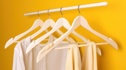 Light clothes on wooden hangers on yellow. fashion background. Generative AI 
