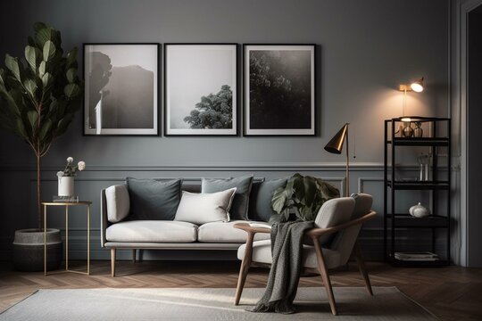 A cozy living room with a gray color scheme, featuring an armchair and a poster. Generative AI
