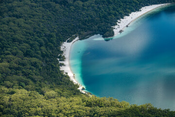 Aerial view of Lake McKenzie, Fraser Island (K'gari), a sand  island along the south-eastern coast in the Wide Bay–Burnett region, Queensland, Australia.