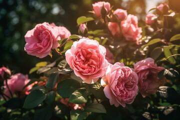 Pink roses in the July sun. Generative AI