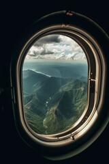 Beautiful green mountains seen from an airplane window, Generative AI