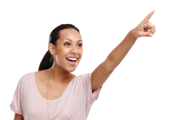 Pointing, information and announcement with a woman excited isolated on a transparent background. Hand, presentation and review with an attractive young female showing a brand, product or logo on PNG