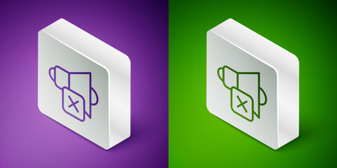 Isometric line Speaker mute icon isolated on purple and green background. No sound icon. Volume Off symbol. Silver square button. Vector