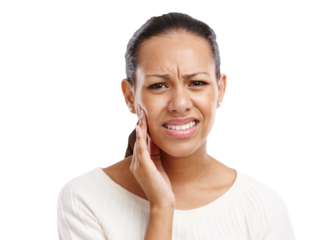 Portrait, dental or woman with toothache pain for oral care, mouth injury isolated on transparent png background. Sad, upset or frustrated girl with hand on jaw or cheek for teeth cavity or emergency