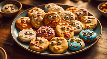 Obraz premium A plate of cookies with silly faces. AI Generated