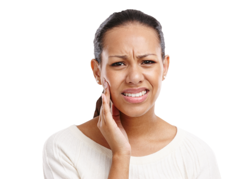 Portrait, dental or woman with toothache pain for oral care, mouth injury isolated on transparent png background. Sad, upset or frustrated girl with hand on jaw or cheek for teeth cavity or emergency - Powered by Adobe