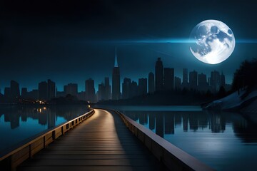 Fototapeta premium night view of the city with big moon, generative ai