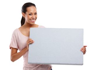 Portrait, poster and mockup sign with a woman isolated on a transparent background for marketing or advertising. Billboard, branding logo and about us with an attractive young female person on PNG