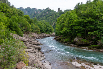 Fototapeta na wymiar river, mountainous terrain, spring and summer walks in the bosom of nature, traveling and enjoying nature, making an overview of local attractions