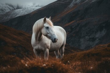 Mountainous landscape featuring a snow-white equine. Generative AI