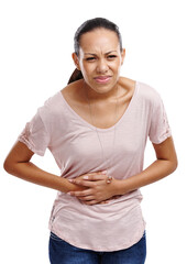Isolated woman, sick and stomach pain with problem for health, constipation or colon by transparent...
