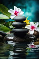 Obraz na płótnie Canvas Pyramids of balanced zen pebble meditation stones with green leaves and flowers in water on tropical forest background. Concept of harmony, balance and meditation, spa, massage, relax and yoga.