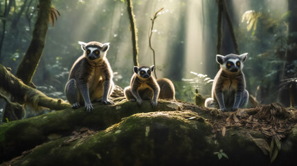Curious Lemur Family Investigating Their Surroundings. Generative AI - obrazy, fototapety, plakaty
