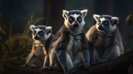 Naklejka na ściany i meble Curious Lemur Family Investigating Their Surroundings. Generative AI