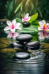 Fototapeta na wymiar Pyramids of balanced zen pebble meditation stones with green leaves and flowers in water on tropical forest background. Concept of harmony, balance and meditation, spa, massage, relax and yoga.