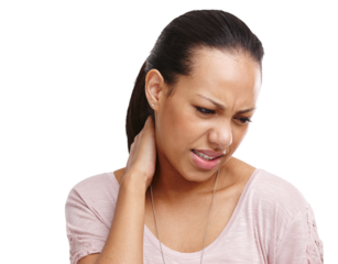 Stress, injury or woman with neck pain, fatigue or burnout isolated transparent on png background. Posture problem, tired or injured Brazilian girl model frustrated, sad or stressed by muscle tension