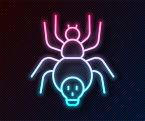 Glowing neon line Poisonous spider icon isolated on black background. Happy Halloween party. Vector