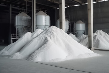 Ammonium sulfate in a pile inside a warehouse of chemical plant. Mineral organic fertilizers for agriculture industry.