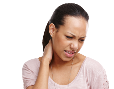 Stress, injury or woman with neck pain, fatigue or burnout isolated transparent on png background. Posture problem, tired or injured Brazilian girl model frustrated, sad or stressed by muscle tension