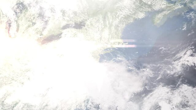 Earth zoom in from outer space to city. Zooming on Perth Amboy, New Jersey, USA. The animation continues by zoom out through clouds and atmosphere into space. Images from NASA