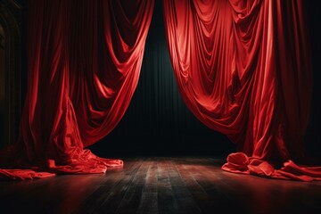 Description of a red theater curtain. Generative AI