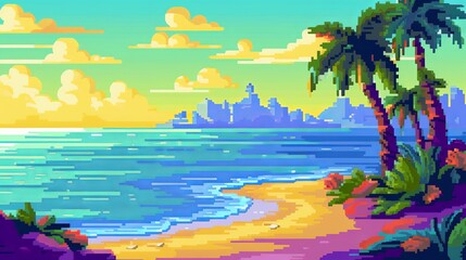 Fototapeta na wymiar a pixel art landscape of a colorful beach. digital art illustration Generative AI