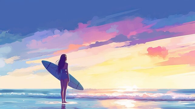 woman holding a colorful surfboard standing on the beach looking at the sky, digital art Generative AI