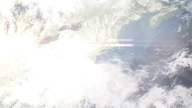 Earth zoom in from outer space to city. Zooming on Hoboken, New Jersey, USA. The animation continues by zoom out through clouds and atmosphere into space. Images from NASA