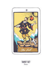 Vector hand drawn Tarot card deck.  Major arcana The fool.  Colorful style. Occult and alchemy symbolism