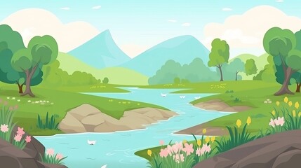 Obraz premium Flat design of natural spring landscape background illustration Generative AI
