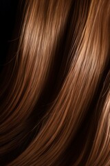 A closeup view of a bunch of shiny straight brown hair in a wavy curved style. Generative AI
