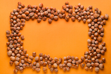 Frame made of shelled hazelnuts on orange background