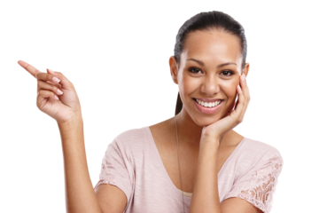 Pointing, portrait and announcement with a woman excited isolated on a transparent background. Hand, presentation and review with an attractive young female showing a brand, product or logo on PNG