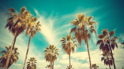 Palm trees against blue sky, Palm trees at tropical coast, vintage toned and stylized, coconut tree,summer tree ,retro Generative AI