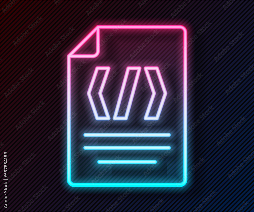 Poster glowing neon line binary code icon isolated on black background. vector