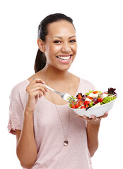 Woman portrait, happy and salad isolated on transparent, png background for healthy green lunch,...