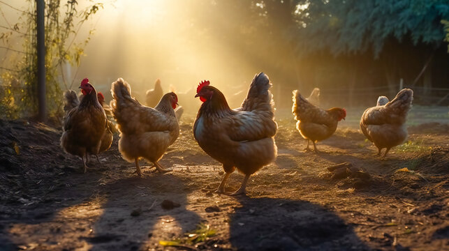 Hens, Roosters, and Chicks. Life on the Farm. Generatine AI.Generative AI