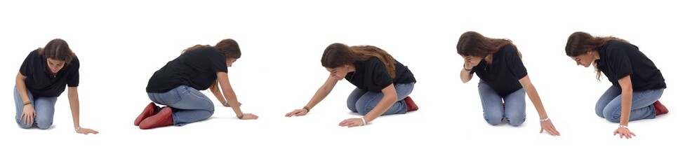 various poses of young same girl who is on her knees on the floor looking for something on a white...