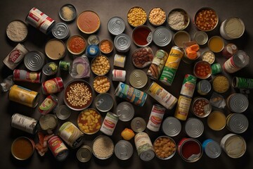 Overhead view of canned goods, non-perishable food, and toilet paper. Generative AI