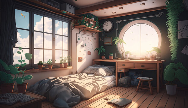 Modern Home Anime Cute Circle Window Bedroom Interior Design AI Generated Image