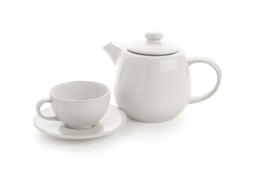 Teapot and cup isolated on white background