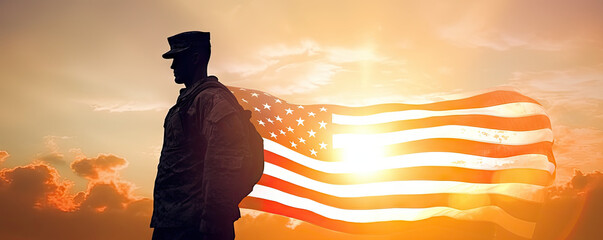 Soldier and USA flag on sunrise background, concept National holidays , Flag Day, Veterans Day, Memorial Day, Independence Day, Patriot Day.