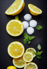 Food photography Lemon cake lemons slices of lemon powder, generative ai
