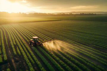 View of Tractor Spraying Pesticides on Soybean Fields.  Generative AI - obrazy, fototapety, plakaty